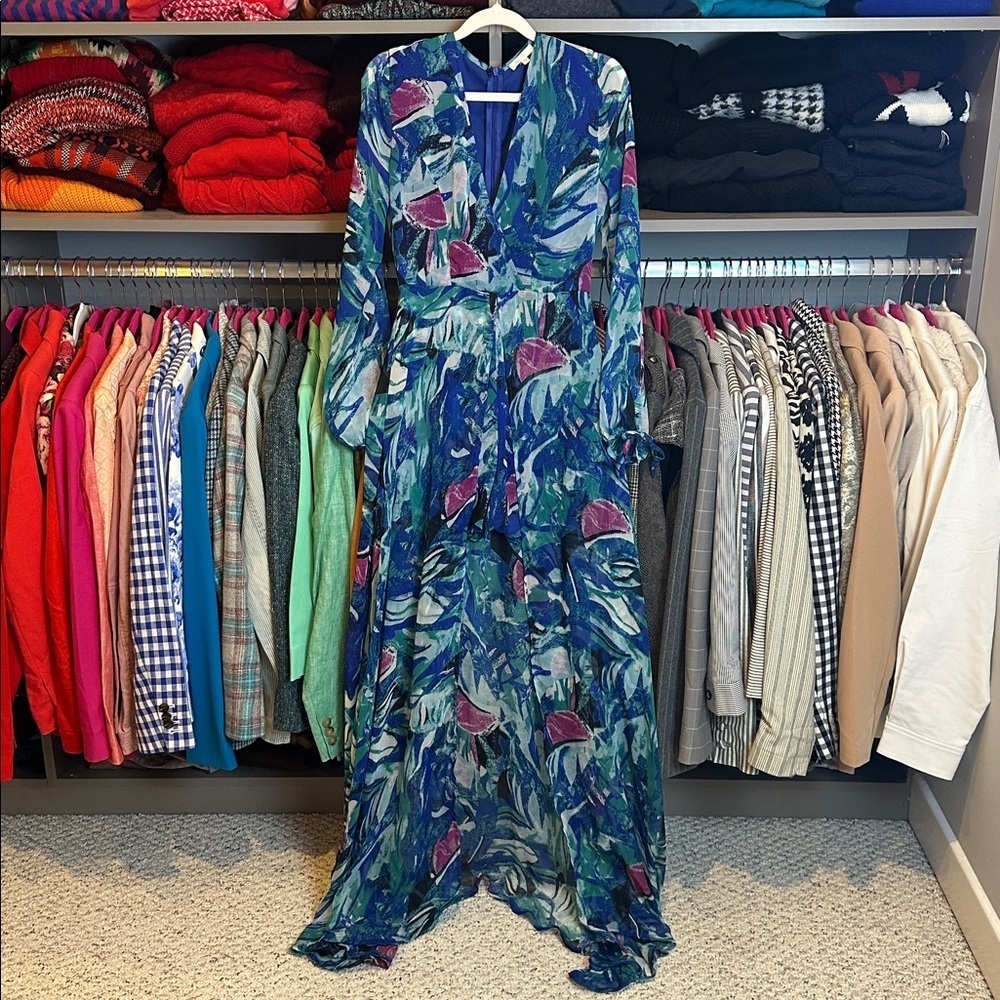 Luxxel blue/pink print long sheer sleeve v neck romper maxi dress size M